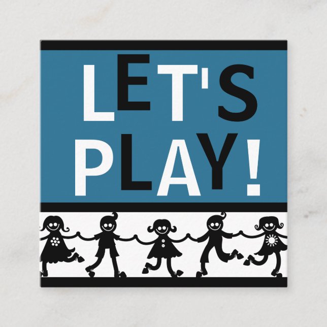 Barnets spelningskort blå, vit och svart fyrkantigt visitkort (Framsida)