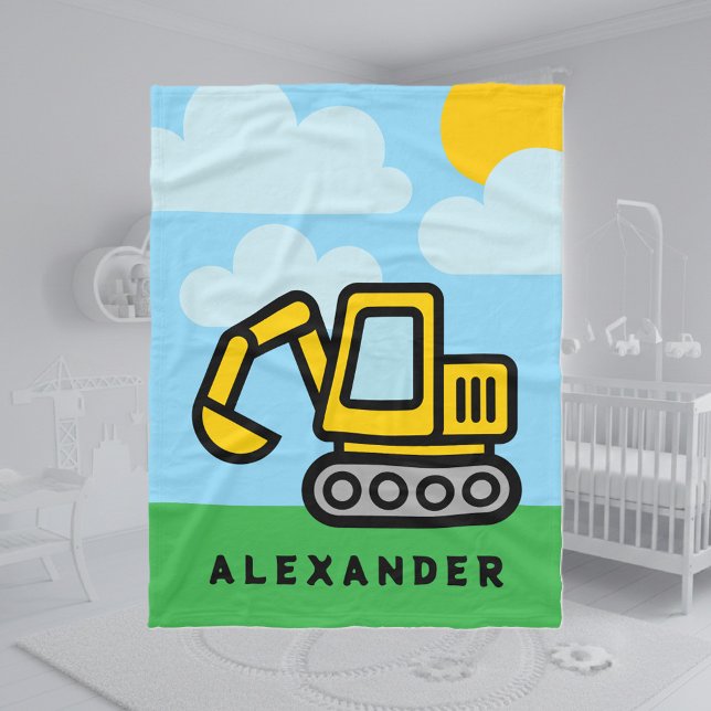 Barnflygande filt med söt leksaksexcavatorutskrift (kids fleece blanket with construction excavator drawing)
