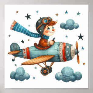 Barnflygande propeller Flygplan Whimsical Nursery Poster