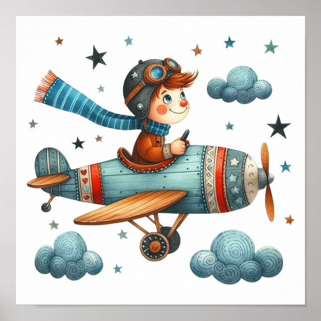 Barnflygande propeller Flygplan Whimsical Nursery  Poster (Framsidan)
