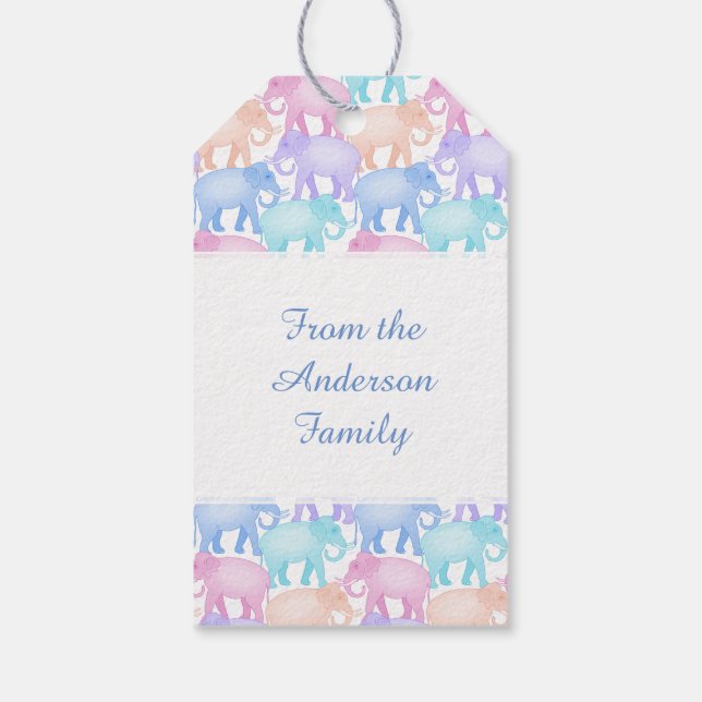 Barnfödelsedag med flerfärgade elefanter presentetikett (Baksidan)