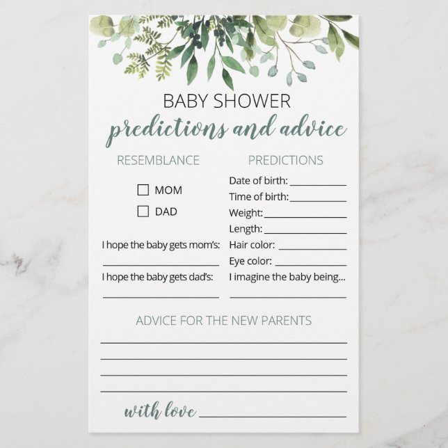 Barnförutsägelser och rådkort Baby Shower-fest (Framsida)