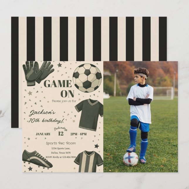Barnfotboll Tematisk Födelsedagsfoto Inbjudan (Fram/baksida)