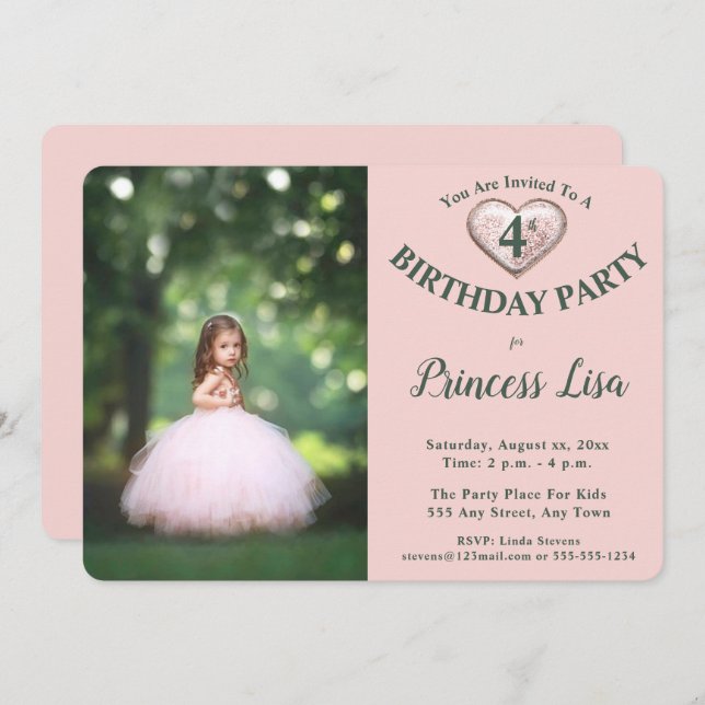 Barnfoto Födelsedagsfest inbjudan - Rosa (Fram/baksida)