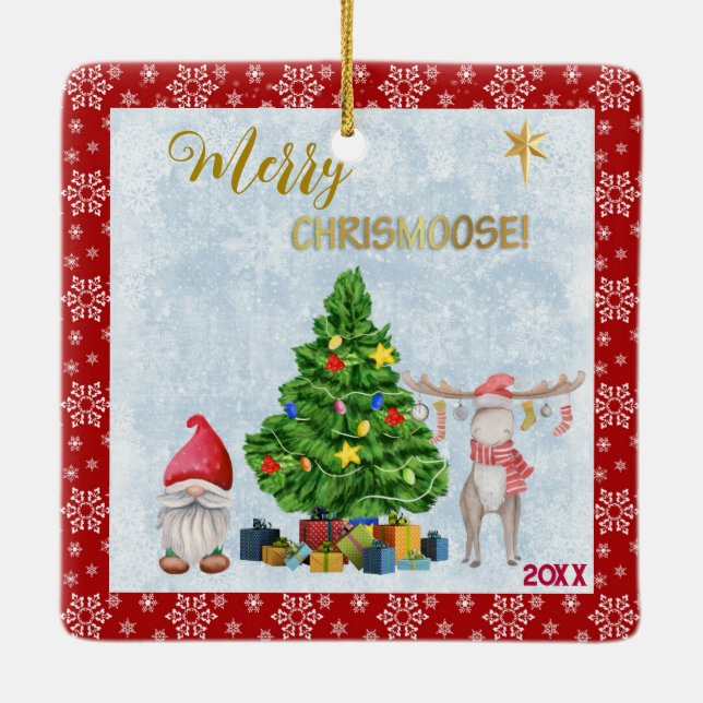 Barnfoto - Gnome Santa, Träd och Moose Julgransprydnad Keramik (Baksida)