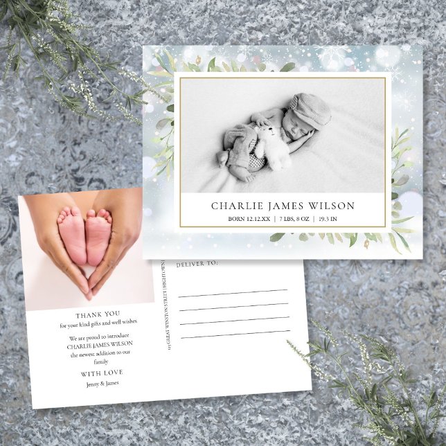 Barnfoto Grönska Snö Vinter Födelse Tack Vykort (Baby Photo Greenery Snow Winter Birth Thank You Postcard)