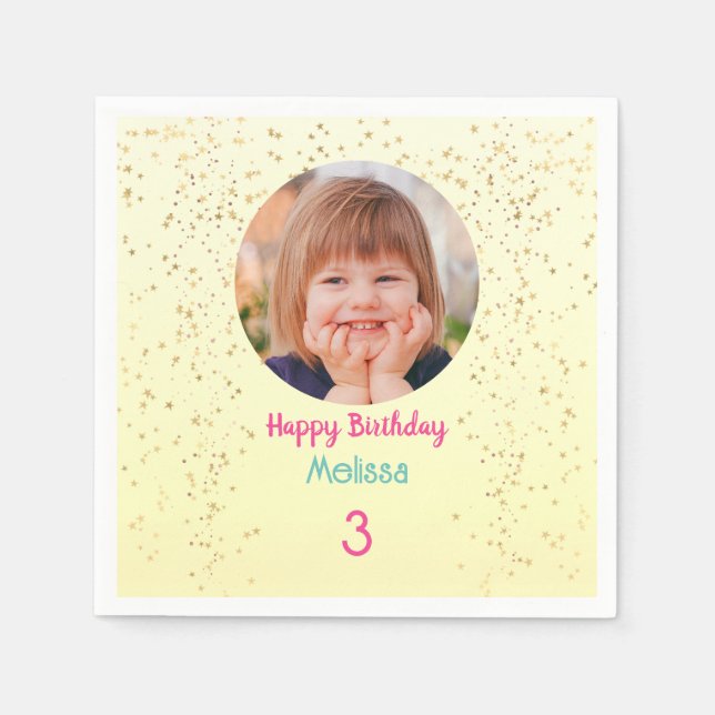Barnfoto/Namn/Lycklig B'day, Guld Stars Yel Pappersservett (Framsidan)