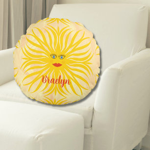 Barnillustration för Sol-Gult med Cheerful Sunshin Rund Kudde