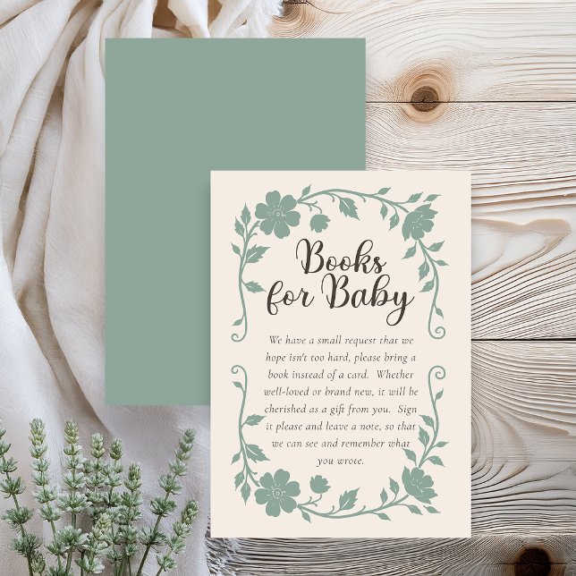 Barnkalas Bokönskningskort Sage - Botanisk tema Tilläggskort (Elegant botanical baby shower book request card - neutral sage)