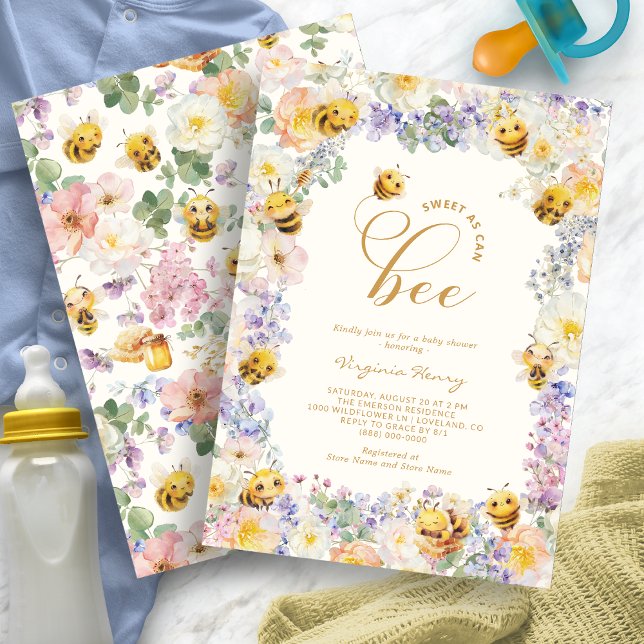 Barnkalas för små bin inbjudningar (Watercolor Floral Bee Baby Shower Invitation by Painted Paperie
)