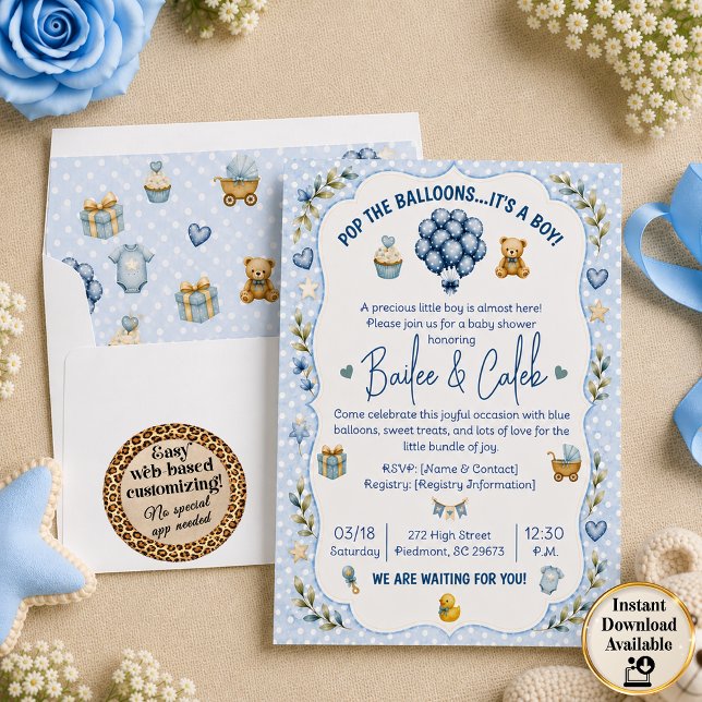 Barnkalas-inbjudan med ballonger inbjudningar (Pop the Balloons Baby Shower Invitation with theme lined envelope (liner sold separately))