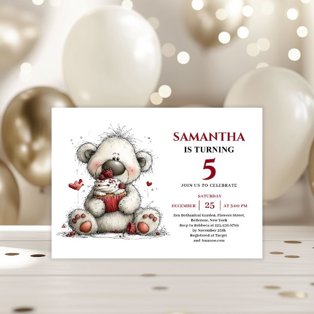 Barnkalas inbjudan Whimsical Teddybjörn (Modern Whimsical animals Party Art kids birthday invitation)