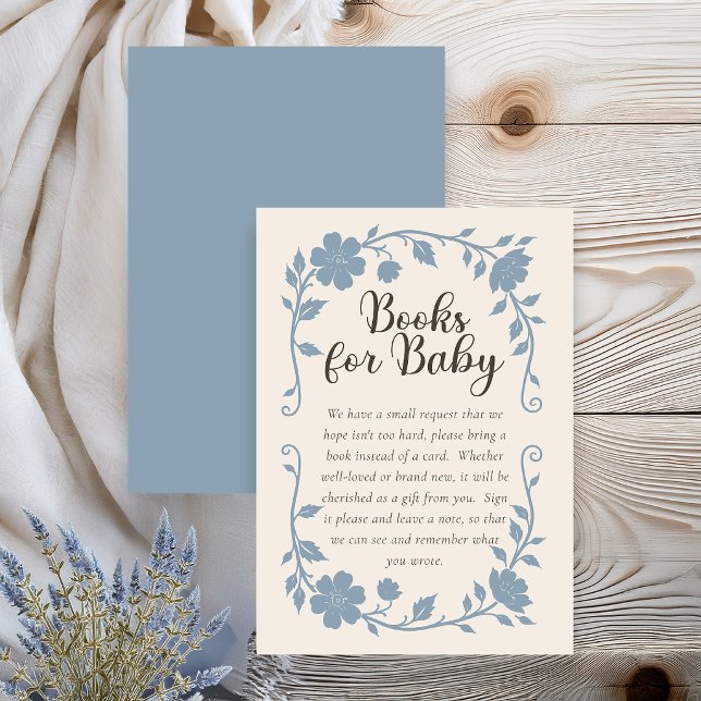 Barnkalas Presentkort för önskebok Botanisk Blå Sa Tilläggskort (Elegant botanical baby shower book request card with blue sage floral design on neutral background)