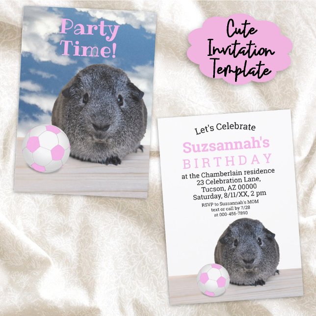 Barnkalas Rosa Vit Fotboll Marsvin  Inbjudningar (This easy to personalize cute guinea pig birthday invitation is ready here in print form. )