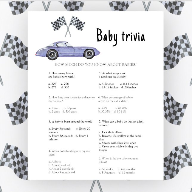 Barnkalas trivia spel med racingtema för bebisar (Skapare uppladdad)
