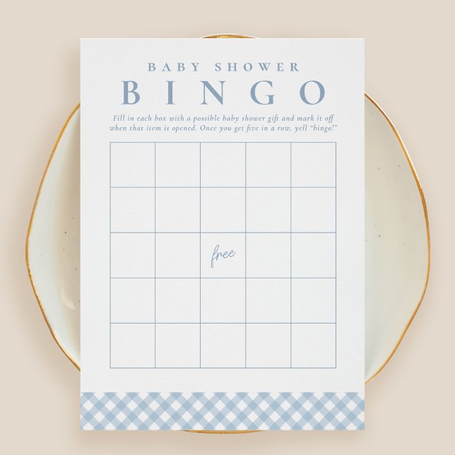 Barnkalasbingo söt blå gingham-festkort inbjudningar (Skapare uppladdad)
