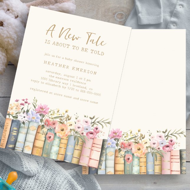 Barnkalasinbjudan för bibliotekets böcker inbjudningar (Floral Library Books Baby Shower Invitation by Painted Paperie
)