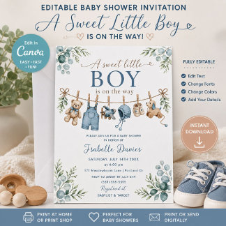 Barnkalasinbjudan för pojke Baby Shower Inbjudan