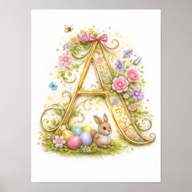 Barnkammarbrev A Baby Initial Guld Blommig Poster (Framsidan)