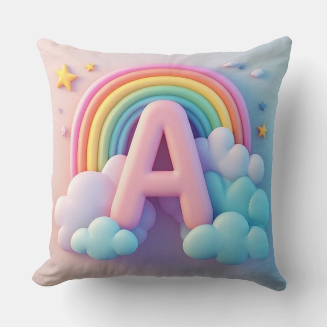 🧸 Barnkammarbrev A Regnbåge Moln Pastell 3D  Kudde (Framsida)
