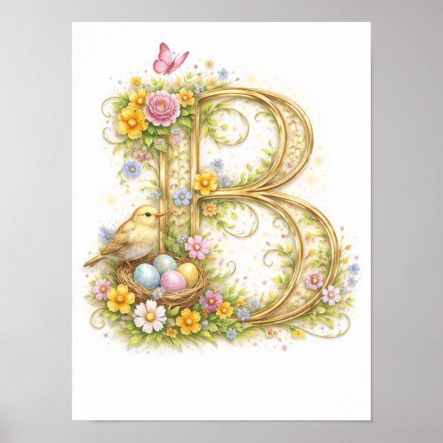 Barnkammarbrev B Baby Initial Guld Blommig Poster (Framsidan)