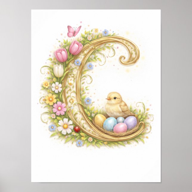 Barnkammarbrev C Kyckling Baby Initial Guld Blommi Poster (Framsidan)