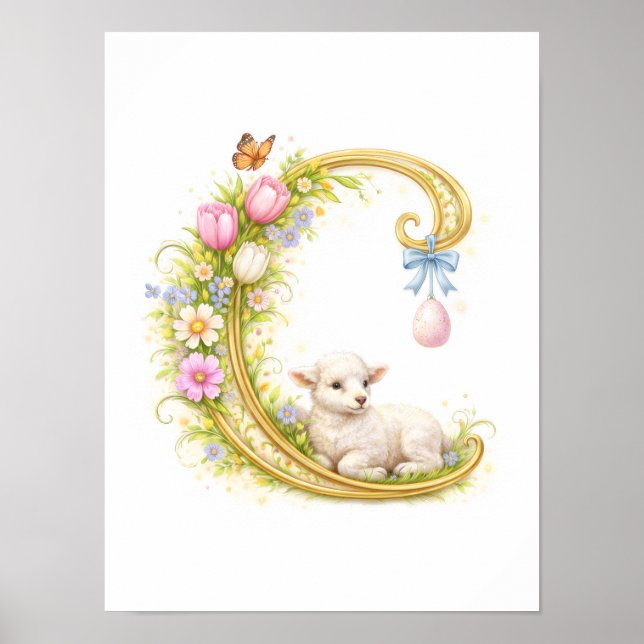 Barnkammarbrev C Lamm Baby Initial Guld Blommig Poster (Framsidan)