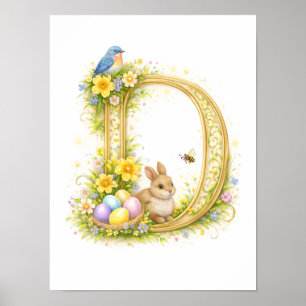 Barnkammarbrev D Baby Kanin Initial Guld Blommig Poster