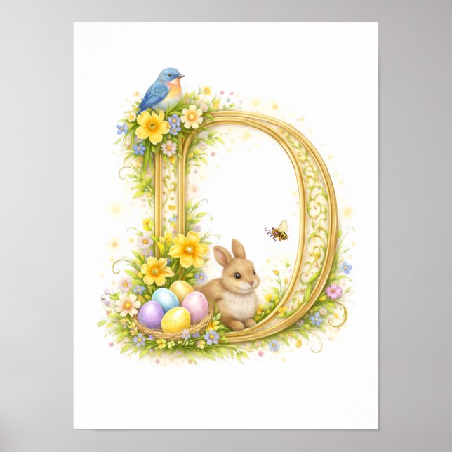 Barnkammarbrev D Baby Kanin Initial Guld Blommig Poster (Framsidan)