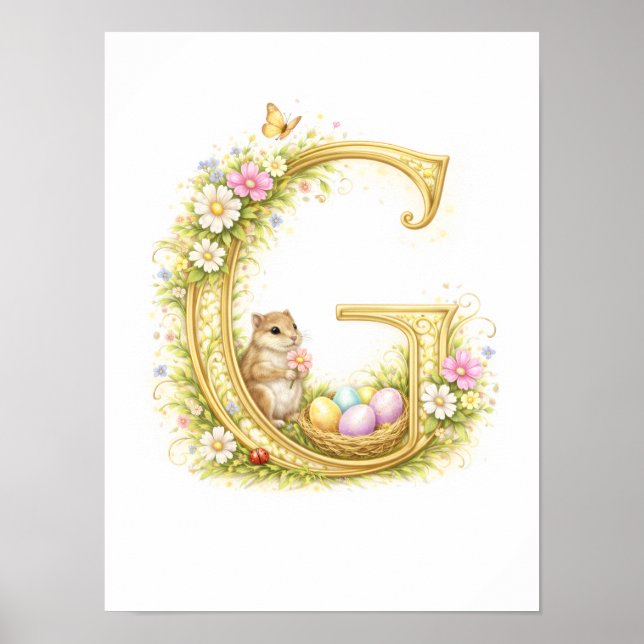 Barnkammarbrev G Jordekorre Baby Initial Guld Blom Poster (Framsidan)