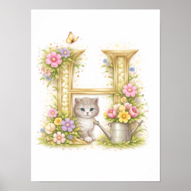 Barnkammarbrev H Kattunge Baby Initial Guld Blommi Poster (Framsidan)