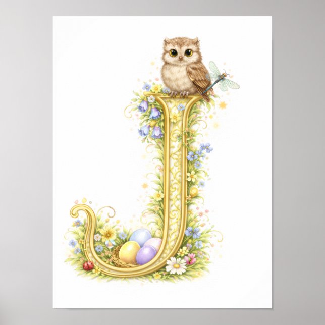 Barnkammarbrev J Baby uggla Initial Guld Blommig Poster (Framsidan)