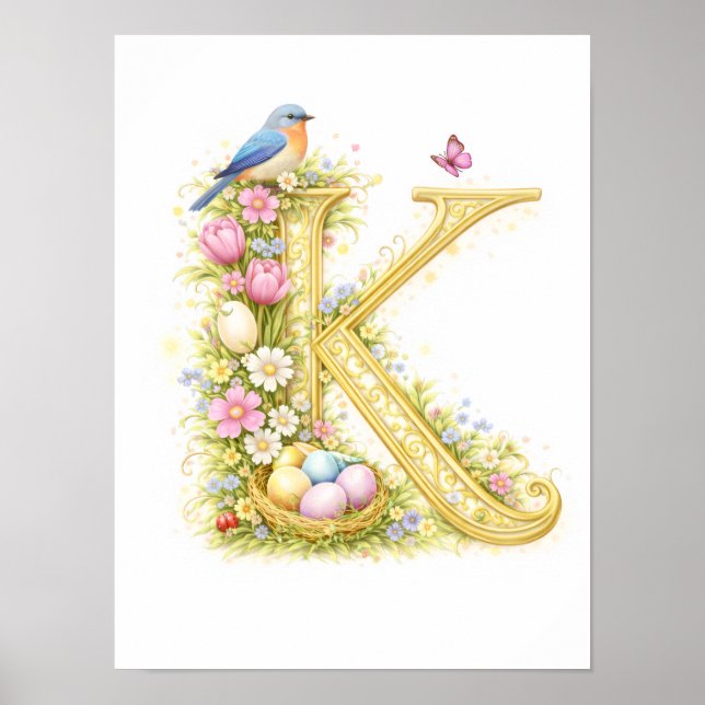 Barnkammarbrev K Blåfågel Baby Initial Guld Blommi Poster (Framsidan)