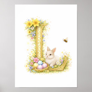 Barnkammarbrev L Baby Kanin Initial Guld Blommig Poster