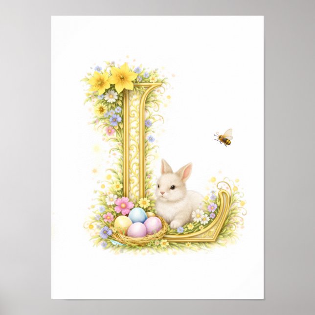 Barnkammarbrev L Baby Kanin Initial Guld Blommig Poster (Framsidan)