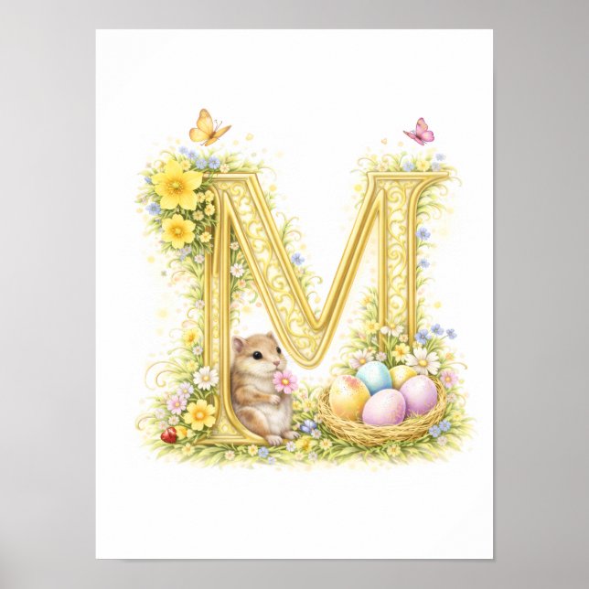 Barnkammarbrev M Baby Hamster Initial Guld Blommig Poster (Framsidan)