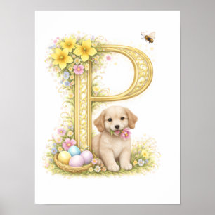 Barnkammarbrev P Baby Valp Initial Guld Blommig Poster