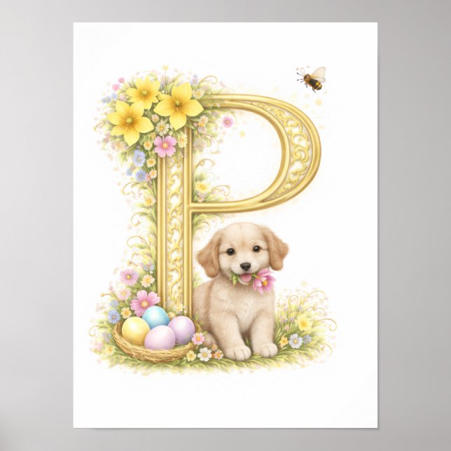 Barnkammarbrev P Baby Valp Initial Guld Blommig Poster (Framsidan)
