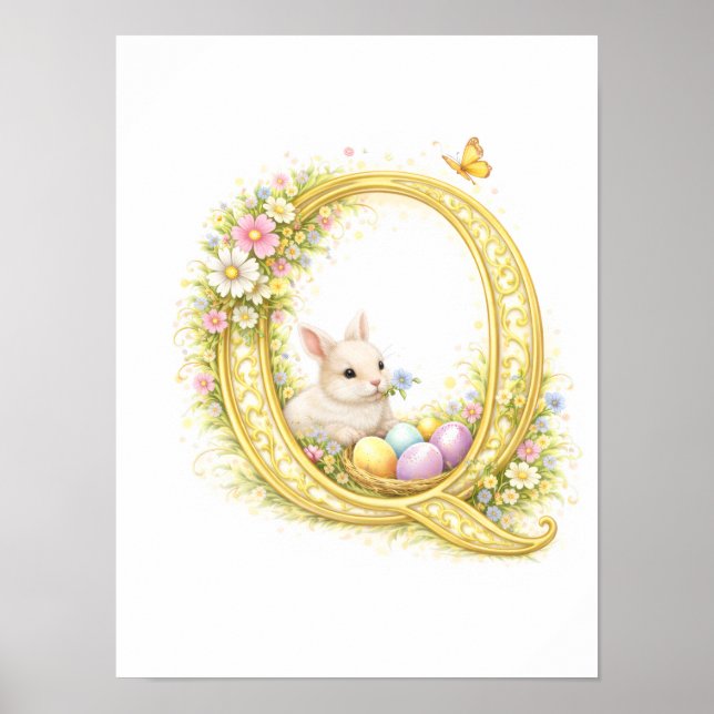 Barnkammarbrev Q Baby Kanin Initial Guld Blommig Poster (Framsidan)