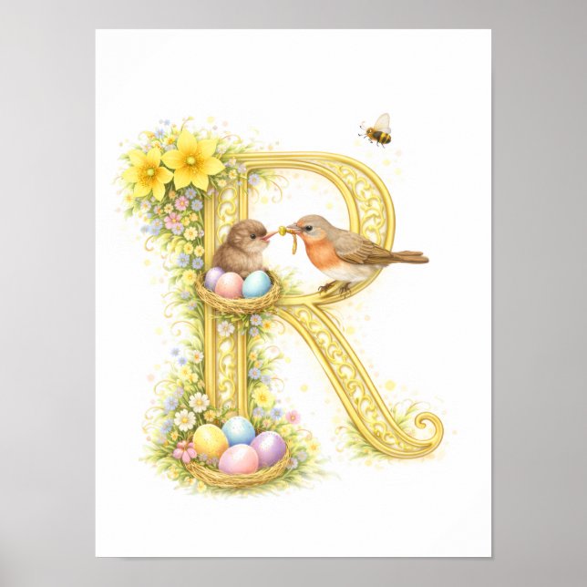 Barnkammarbrev R Baby Robin Initial Guld Blommig Poster (Framsidan)