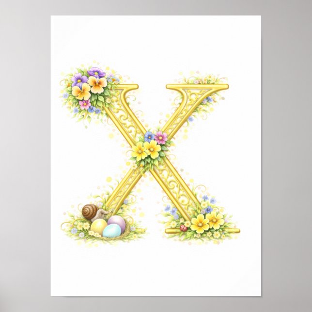 Barnkammarbrev X Baby Snigel Initial Guld Blommig Poster (Framsidan)