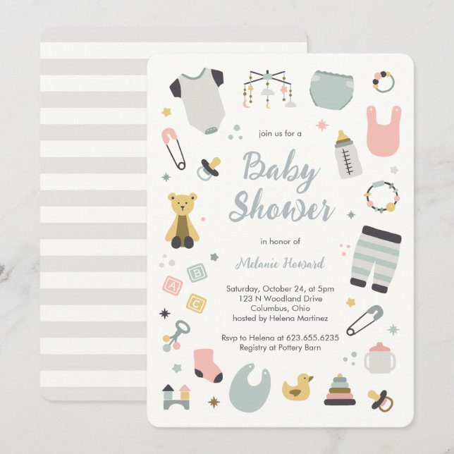 Barnkammardok illustrationer handritade baby showe inbjudningar (Fram/baksida)