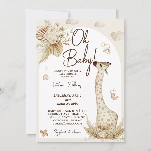 Barnkammare Boho giraff baby shower  Inbjudningar (Framsida)