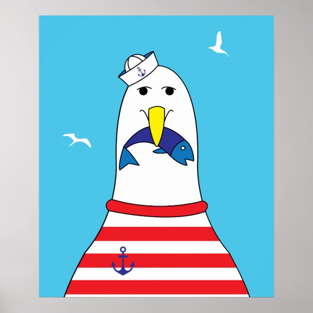 Barnkammare Söt Rolig Sjöstrand Måse Fågel Poster (Framsidan)
