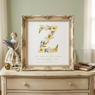 Barnkammare Söt Romantisk Blommig Z Bokstav Guld L Poster
