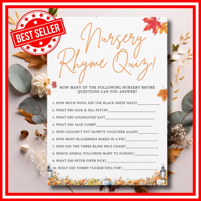 BARNKÄNSVISOR QUIZ Baby Shower-spel LITEN PUMPA Inbjudningar (NURSERY RHYME QUIZ Easy Baby Shower Game A Little Pumpkin is on the Way Fall Autumn Theme)
