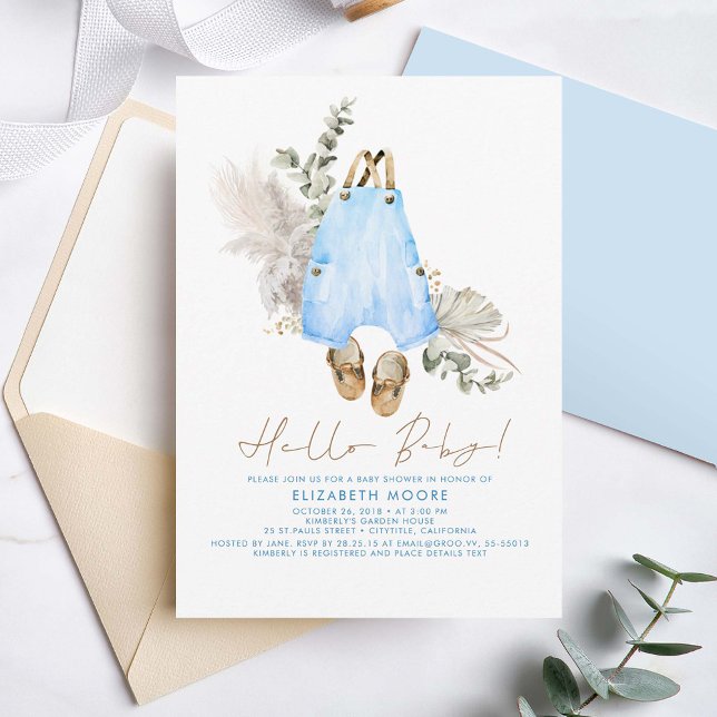 Barnkläder Blue Sage och Brown Cute Boy Inbjudningar (Blue Green and Beige Cute Baby Boy Baby Shower Invitations)