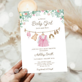 Barnkläder Clothesline Boho Girl Baby Shower Inbjudningar