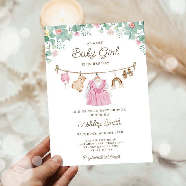 Barnkläder Clothesline Boho Girl Baby Shower Inbjudningar (Skapare uppladdad)