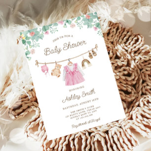 Barnkläder Clothesline Boho Girl Baby Shower Inbjudningar